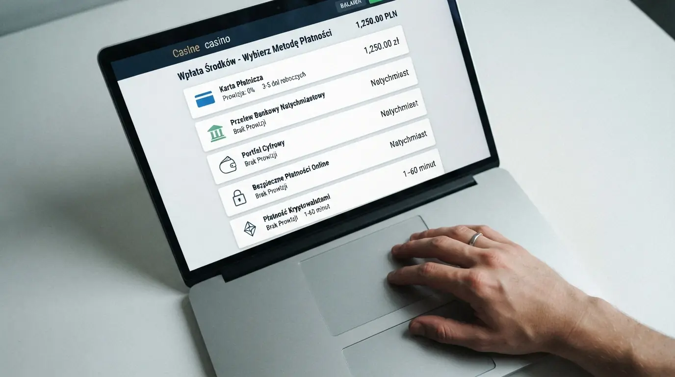 Ekran kasy w kasynie online pokazujący listę metod wypłaty: BLIK, przelew bankowy, Skrill, kryptowaluty